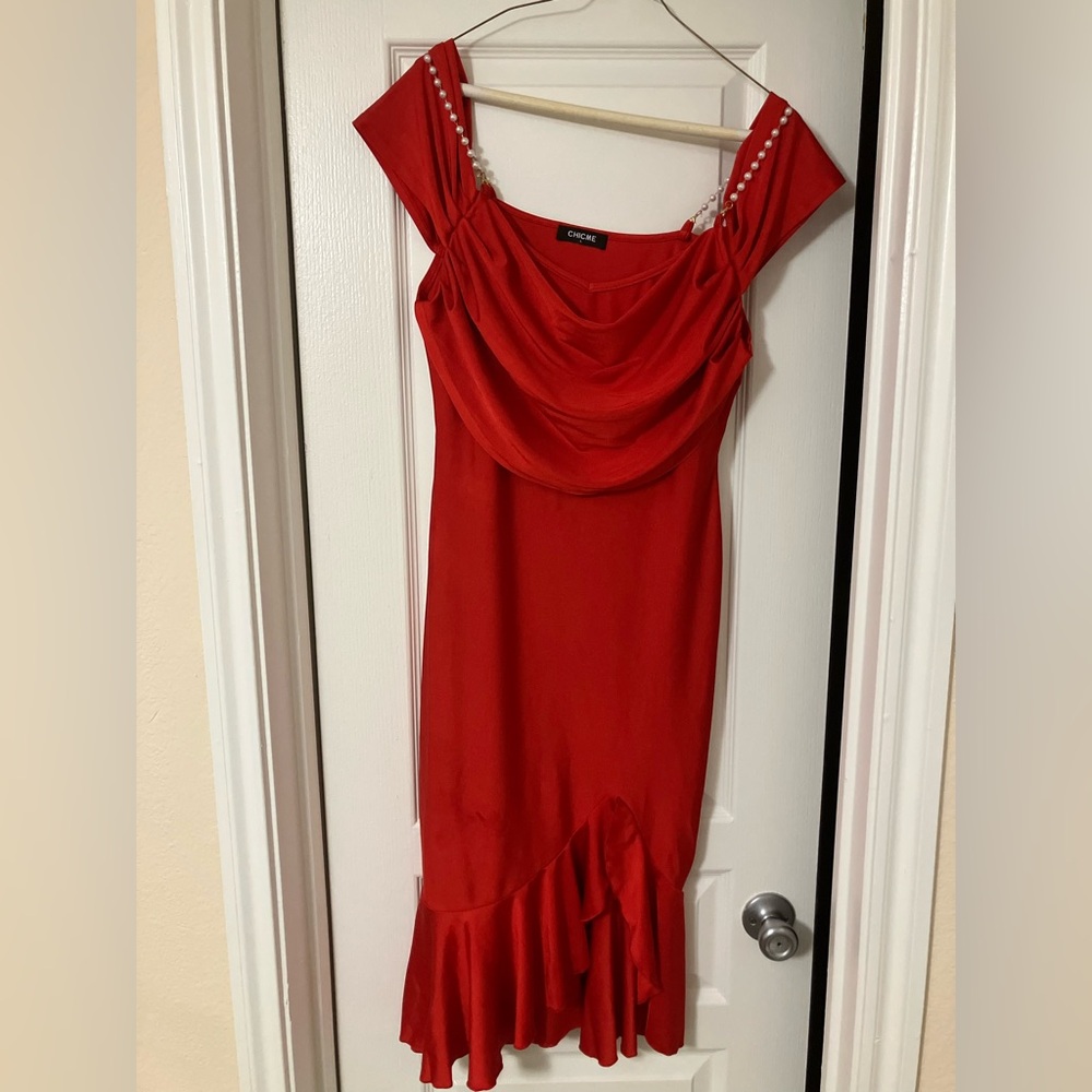 CHICME Red Pearl Strap Midi Dress Cowl Neck Mermaid Ruffle Hem Women's Size: L